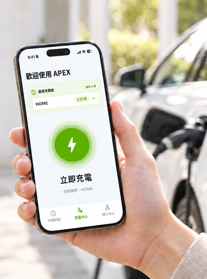 手持 APEX APP 立即充電畫面，背景是正在充電的電動車